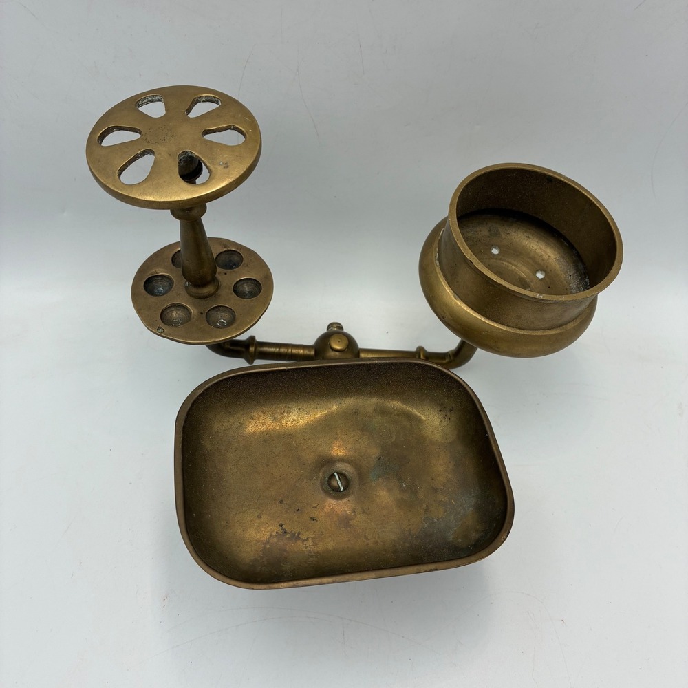 Vintage Solid Brass Wall Mount Bathroom Organizer Soap Dish Toothbrush Holder - Picture 2 of 8